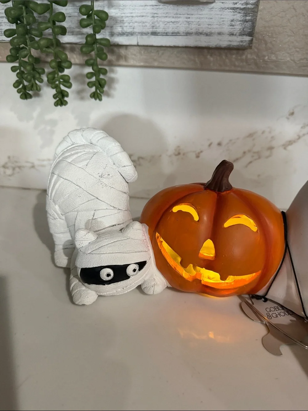 Halloween Decor Cat Ghost, Cat Mummy with LED Pumpkin by Goblin & Ghoul